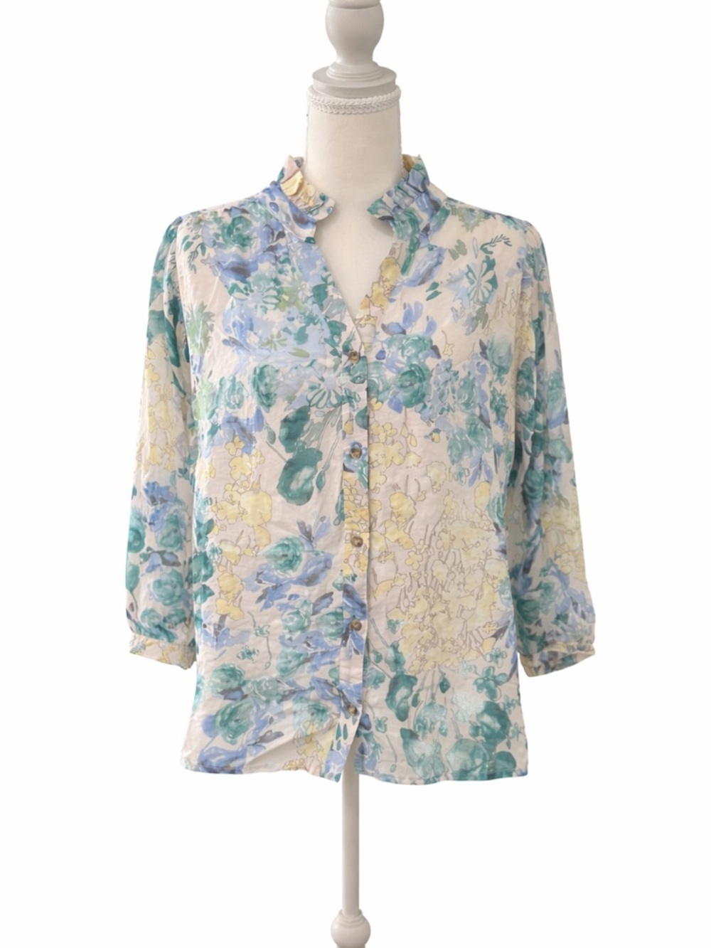 Hudson Gray Floral Blouse M Sheer Button Front Ruffle Collar Top